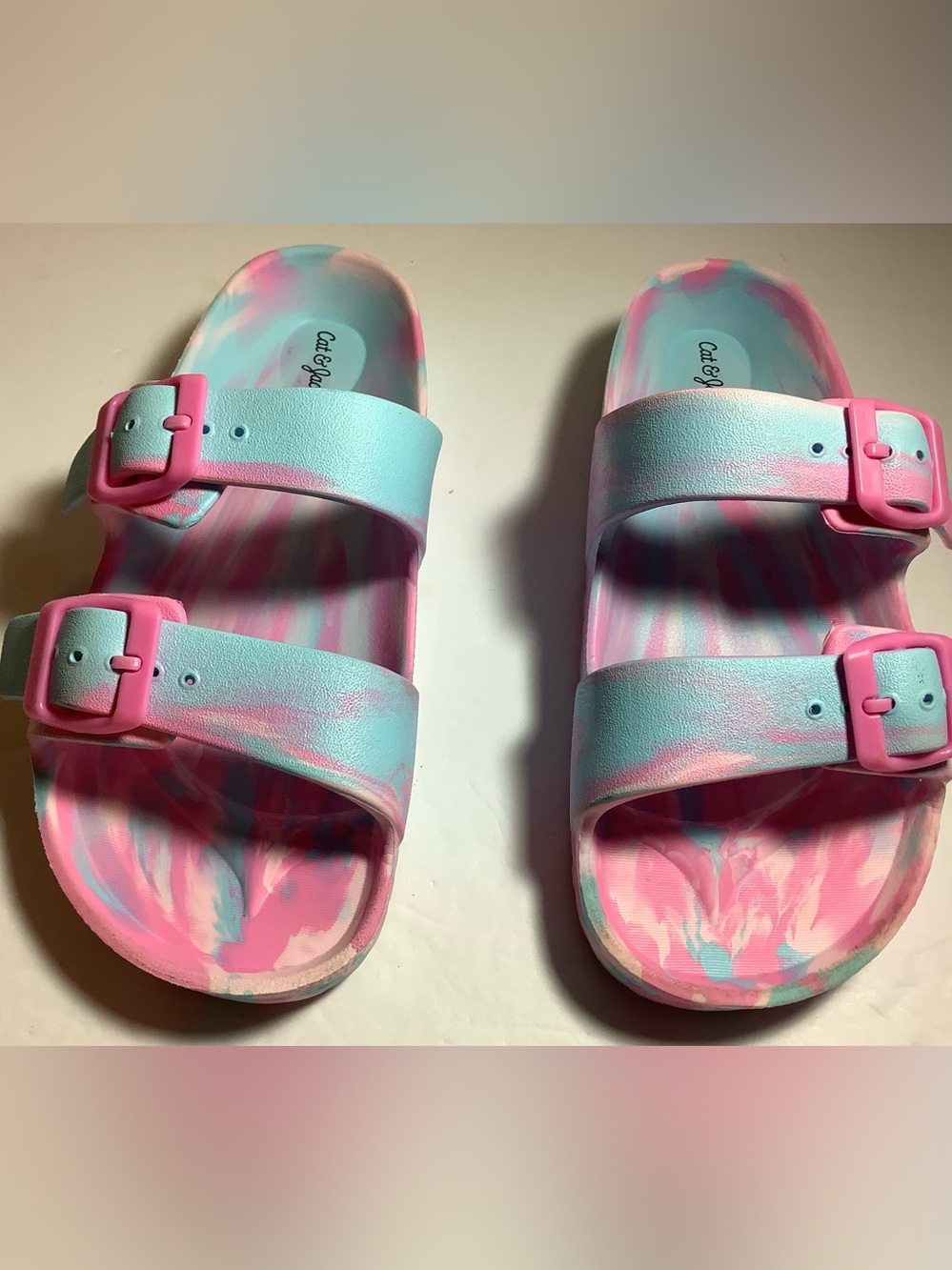 Cat and Jack girls double buckle Eva slide, sandals, pink and blue tie-dye.